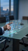Businessman hand touching holographic display showing workflow acceleration, process enhancement, and digital transformation icons with growth charts in modern office.