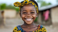 Young African girl with bright smile wearing traditional yellow and blue patterned dress and matching headwrap, radiating joy and happiness against blurred village background.