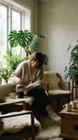 Young woman in cozy knit sweater relaxing at home with houseplants and natural light creating peaceful morning atmosphere in living room.