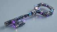 Ornate digital key with glowing purple and blue lights against gray background, symbolizing cybersecurity and digital access control.