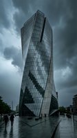 Modern twisted glass skyscraper with dramatic angular architecture stands against stormy clouds, wet plaza below, contemporary urban design for corporate and architectural projects.