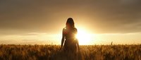 Young woman with long brown hair standing in golden wheat field at sunset, backlit by warm sunlight, contemplative mood, nature and solitude concept.