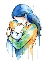 Watercolor mother holding newborn baby in tender embrace with colorful paint splashes on white background for motherhood designs.