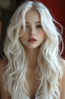 Young woman with platinum blonde wavy hair and natural makeup looking directly at camera against dark background. Soft lighting enhances ethereal beauty.