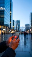 Hands holding smartphone with red heart on screen in blurred urban evening cityscape with bokeh lights for dating apps and social media connection.