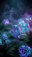 Futuristic Easter eggs with glowing neon circuit board patterns resting among ferns in a dark, misty forest setting.