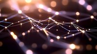 Abstract network visualization with glowing nodes and connecting lines on dark background, featuring warm bokeh light effects and geometric patterns.