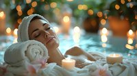 Relaxed young woman enjoying luxury spa treatment with aromatic candles and soft towels, perfect for wellness, beauty and relaxation advertising content.