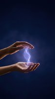 Human hands protecting glowing electric lightning bolt energy between palms on dark blue background representing power protection and energy control.