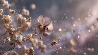 Delicate dried flower with soft bokeh background and golden light particles creating dreamy atmospheric nature composition.