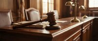 Wooden gavel and legal documents on judge desk in courtroom with warm sunlight for law firm branding and justice concept presentations.