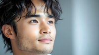 Young Asian man with tousled black hair and light facial stubble looking upward with hopeful expression against soft gray background for lifestyle content.