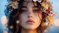 Young woman with floral crown and soft bokeh background. Natural beauty portrait with dried flowers and warm sunset lighting creates ethereal atmosphere.