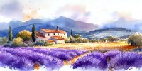 Lavender field landscape with rustic farmhouse, cypress trees, and rolling mountains in soft watercolor style, suitable for travel, home decor, and nature-themed designs.