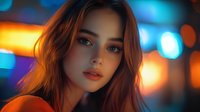Young woman with brown hair and bright blue eyes against vibrant bokeh city lights background in evening atmosphere, soft focus portrait with orange and blue color palette.