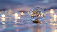 Miniature golden tree enclosed in transparent glass sphere on reflective surface with warm bokeh lights creating magical atmosphere for meditation concepts.