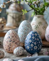 Decorative Easter eggs with delicate floral patterns displayed with spring branches in ceramic vases, creating festive holiday decor.