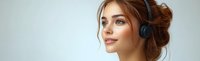 Young woman with auburn hair in casual updo wearing wireless headphones smiles confidently against light background, panoramic composition for audio and lifestyle content.