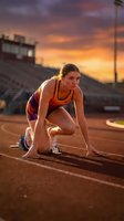 Young Caucasian female athlete in starting position on track during golden hour sunset at stadium ready to sprint with dramatic sky background.