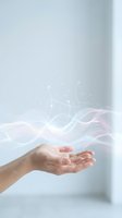 Open hand releasing colorful flowing energy streams with sparkles against soft light background for wellness and spiritual concepts.