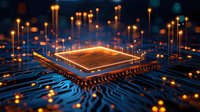 Glowing microprocessor on circuit board with illuminated connections and digital pathways in dark blue tones, representing artificial intelligence and computing power.