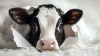 Curious Holstein dairy cow peeks through torn paper, close-up portrait showing expressive eyes and distinctive black and white markings on face against neutral background.