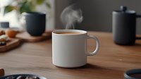 Steaming coffee in minimalist white ceramic mug on wooden table with blurred kitchen background creates cozy morning atmosphere. Perfect for lifestyle blogs.