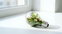 Young plants and moss growing inside a clear light bulb on white surface near window, symbolizing eco-friendly energy, sustainable living, and green innovation for environmental concepts.