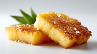 Golden grilled pineapple slices with caramelized surface and fresh green leaves on white background for tropical dessert and healthy cooking concepts.