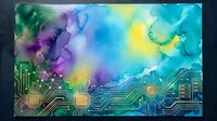 Watercolor paint splashes in vibrant purple, green, and blue tones blend with circuit board patterns and digital technology elements, representing innovation and creativity in tech design.