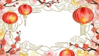 Chinese New Year frame with red lanterns, cherry blossoms, golden clouds and traditional decorations on white background for festive greeting cards.