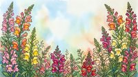 Watercolor snapdragon flowers in pink, yellow, orange, and magenta frame a soft pastel sky background, creating a vibrant floral border.