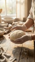 Baker hands holding fresh bread dough in warm sunlit kitchen with wooden table and ceramic bowls for homemade baking and cooking preparation.