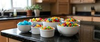 Colorful candy-coated chocolates in white bowls arranged on kitchen counter for party treats and dessert preparation.
