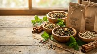 Organic herbal tea blends in wooden bowls with kraft paper packages on rustic table. Natural wellness ingredients for healthy lifestyle and aromatherapy.