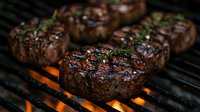 Juicy beef filet mignon steaks grilling on barbecue with flames and rosemary herbs. Charred grill marks and caramelized crust showcase premium meat cooking.