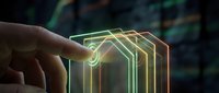 Hand touching glowing neon arrow pointing right, representing growth, progress, and digital transformation in modern business and technology concepts.