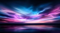 Dramatic sky with vibrant blue and purple aurora borealis colors reflecting on calm water surface at twilight, creating ethereal atmospheric landscape.
