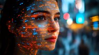Young woman's face illuminated by glowing digital pattern projection with orange and blue lights, urban night bokeh background creates futuristic cyberpunk atmosphere.