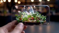 Fresh salad with water droplets splashing on green leaves and cherry tomatoes captured through smartphone screen, dramatic lighting and bokeh background.