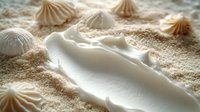 White mermaid tail resting on sandy beach with seashells scattered around, perfect for fantasy and ocean-themed designs.
