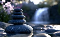 Balanced wet stones stacked near waterfall with water drops and pink flowers in soft focus background creating peaceful zen atmosphere for spa and wellness.