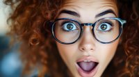 Young mixed race woman with curly red hair and blue eyes wearing glasses shows surprised expression with open mouth and wide eyes looking at camera.