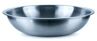 Stainless steel mixing bowl isolated on white background, shiny metallic kitchen utensil for cooking, baking, and food preparation.