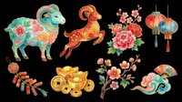 Colorful Chinese New Year set with goat, lantern, peony, gold coins, fan, and firecrackers, isolated on transparent background for clipart, stickers, and t-shirt design.