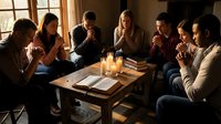 Diverse group of young adults studying together around wooden table with candles in cozy indoor setting. Perfect for educational and teamwork concepts.