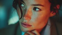 Young woman with freckles in dramatic colorful lighting looking away pensively. Moody portrait with blue and orange tones for creative projects.