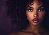 Young African American woman with natural curly hair and glowing skin against purple background, dramatic lighting creates mysterious atmosphere for beauty and fashion concepts.