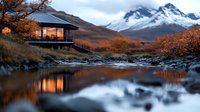 Modern cabin with panoramic windows reflecting in calm mountain lake at sunset, snow-capped peaks and autumn foliage create serene wilderness scene.