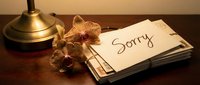 Handwritten sorry note card placed on stack of letters beside dried orchid flowers and vintage brass lamp on wooden table.